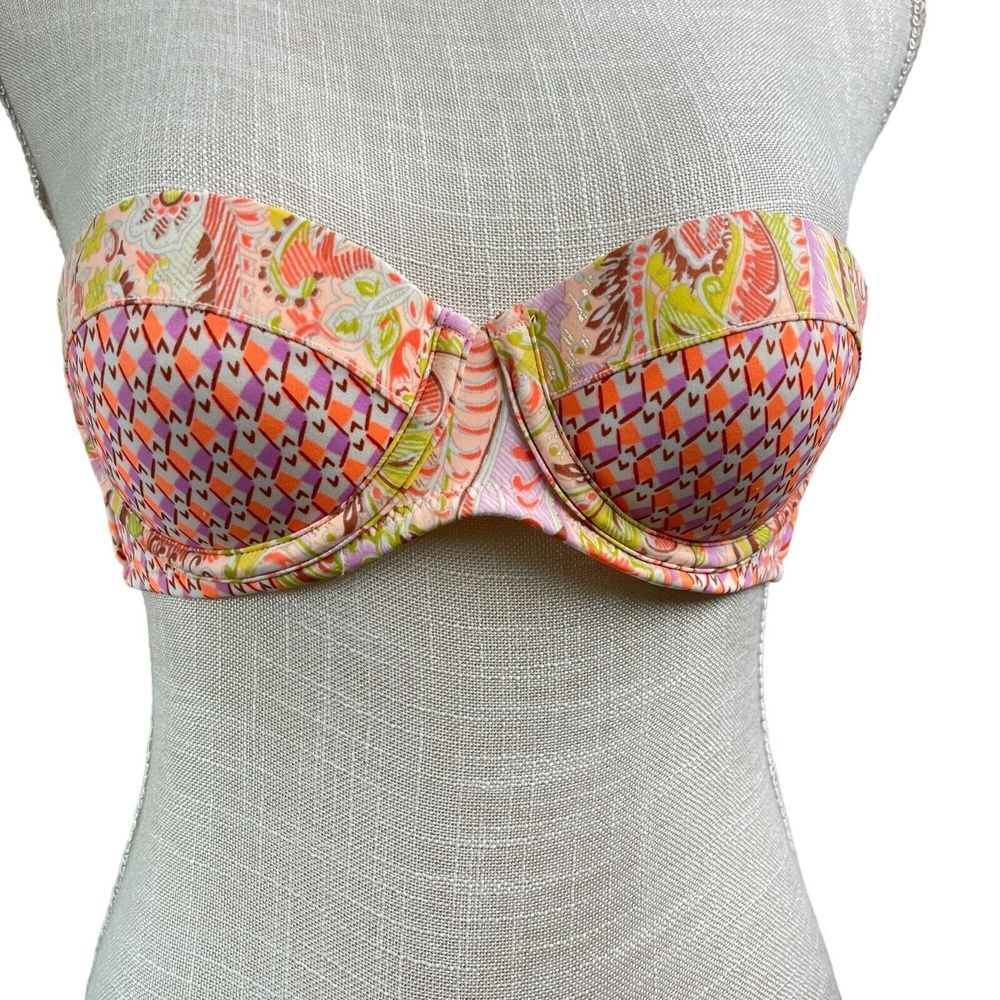 Victoria's Secret Bikini Top 32B Pink Geo Paisley Strapless Bandeau Push Up Swim